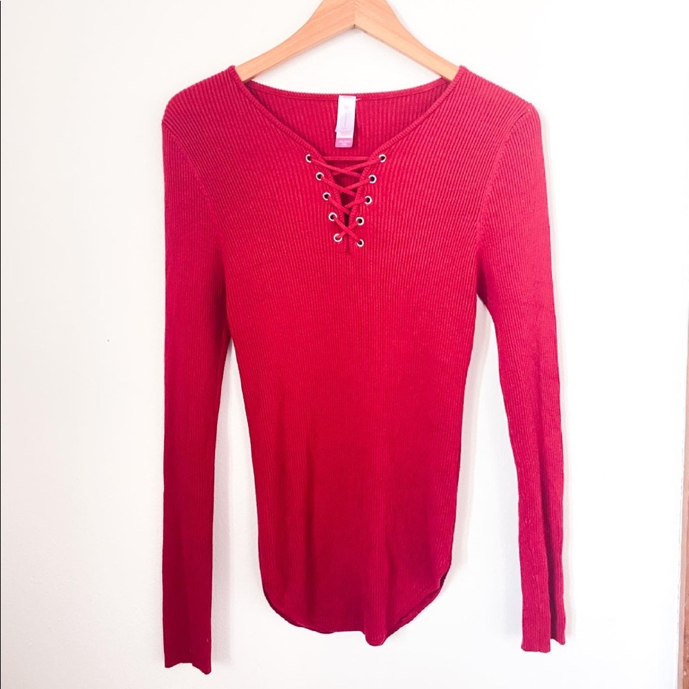 Y2K ribbed lace-front top